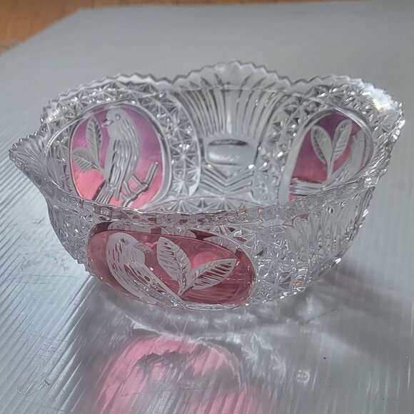 HOFBAUER  Byrdes Lead Crystal Glass Serving Bowl Germany RUBY Cut BIRD 7" Wide - Picture 1 of 7